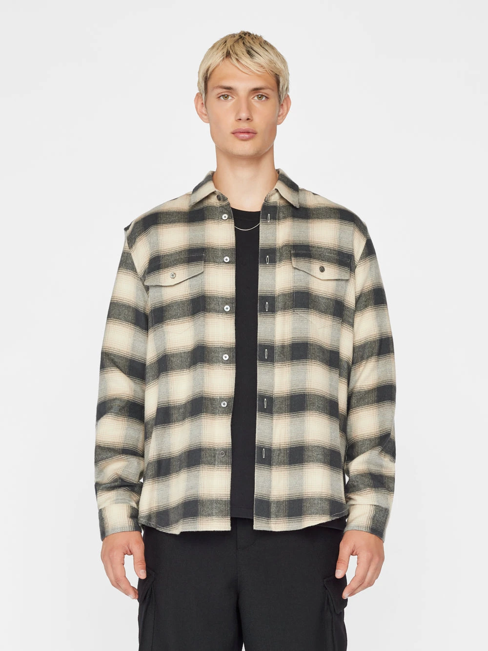 Plaid Flannel Shirt -- Noir / Light Beige 3 Plaid Flannel Shirt -- Noir / Light Beige - Image 3
